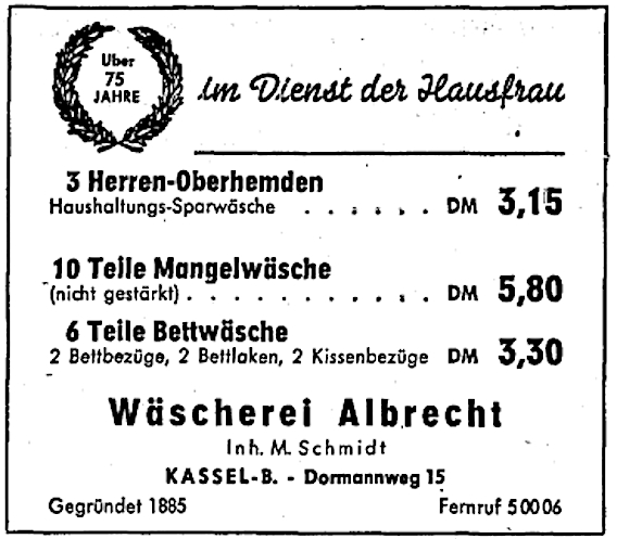 Anzeige der Wäscherei Albrecht- Im Diesnst der Hausfrau mit Preisangaben-1962 