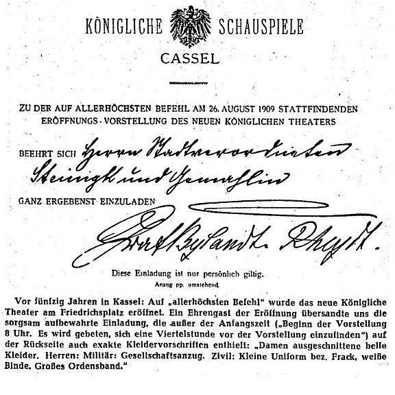 Einladung von C. Steinigk zur Eröffnung des neuen Königlichen Theaters 1909 