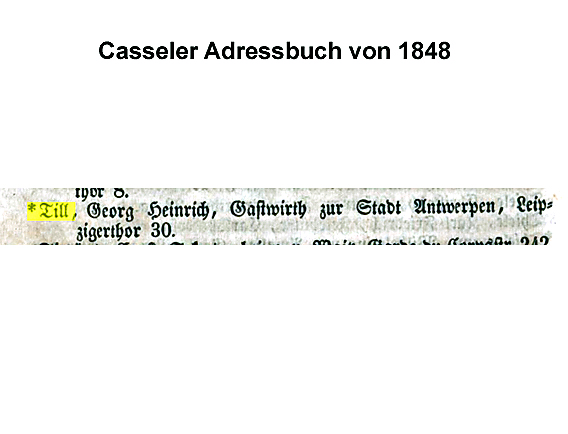 Eintrag des Gastwirtes Georg August Till im Kasseler Adressbuch von 1848 