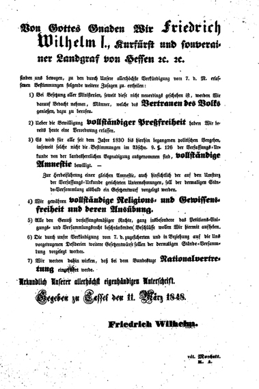 Erlass des Kurfürsten Friedrich Wihelm I. vom März 1848 