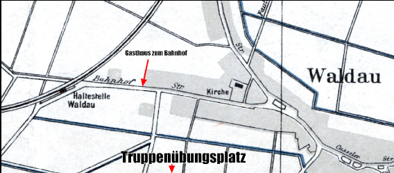 Ausschnitt aus dem Stadtplan von 1924, zeigt die Lage von Bahnhof Waldau, Gasthaus zum Bahnhof und dem Truppenübungsplatz 