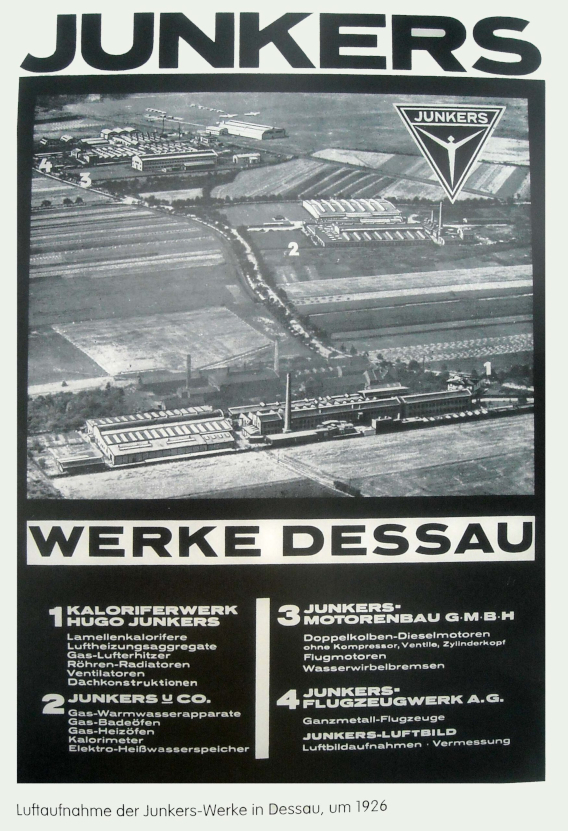 Luftbild der Junkers Werke in Dessau 1926 mit Angabe der vier Teilfabriken 