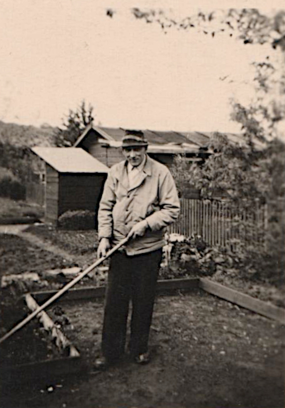 Martinas Opa auf seiner Gartenparzelle mit Hacke bei der Arbeit im Hintergrund Gartenlaupe 