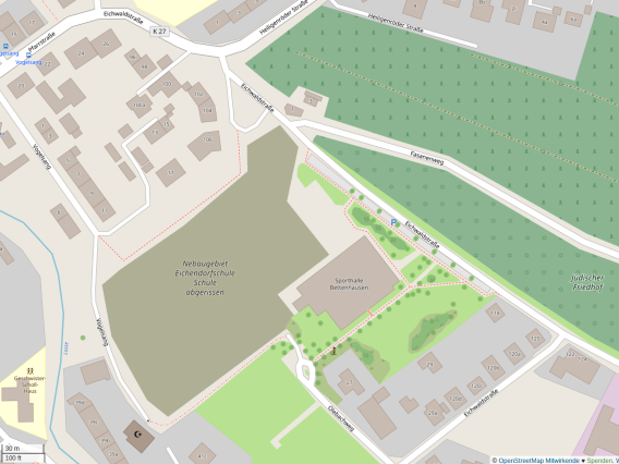 Karte Openstreetmap mit Sporthalle und dem Gelände der der ehemaligen Schule 